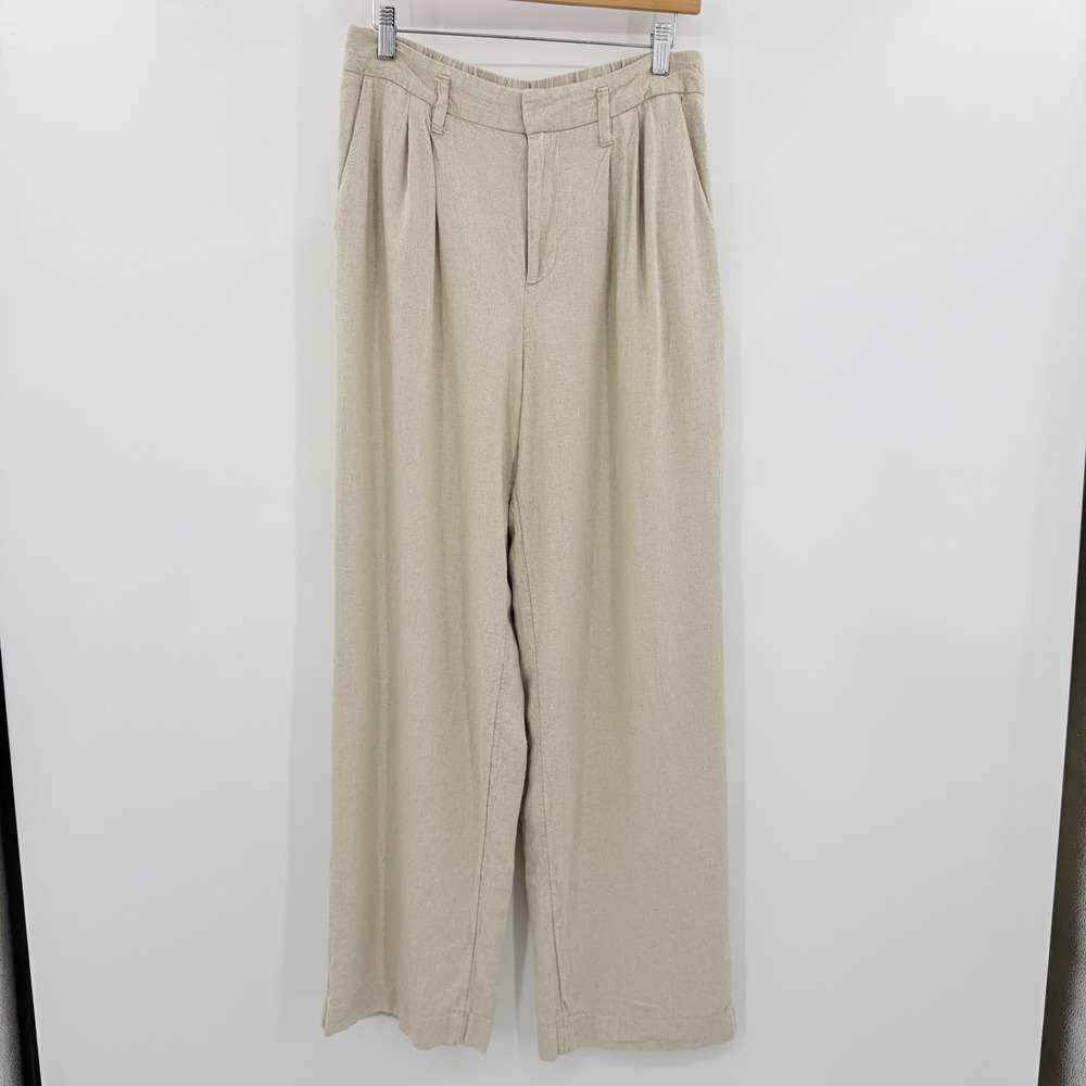 A New Day Women Pleated Wide Leg Linen Blend Vacation Pants Oatmeal Beige Size 8